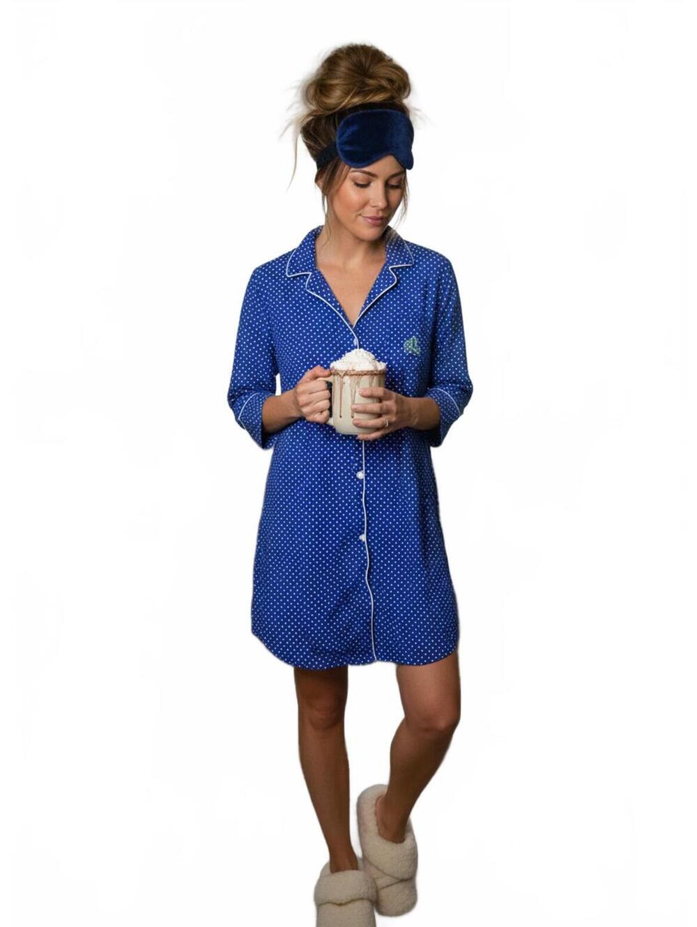 Lauren Ralph Lauren Blue Polka Dot 100% Cotton Sleep Shirt Night Gown, Size M